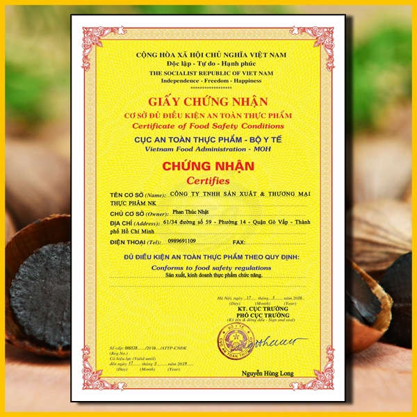 CERTIFICATE OF FOOD SAFETY